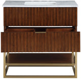 Monad Carrara Marble Contemporary Bathroom Vanity with Brushed Gold Base and Elegant Design