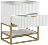 Monad Carrara Marble Contemporary Bathroom Vanity with Brushed Gold Base and Elegant Design