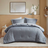 Woven Striped Pleated Comforter Set, Blue/Grey