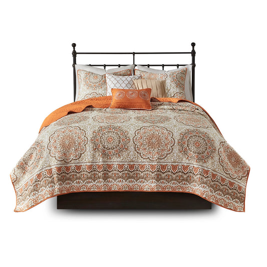 6 Piece Floral Medallion Reversible Quilt Set, Orange