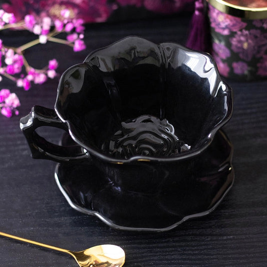 Black Rose Ceramic Teacup & Saucer, 250ml