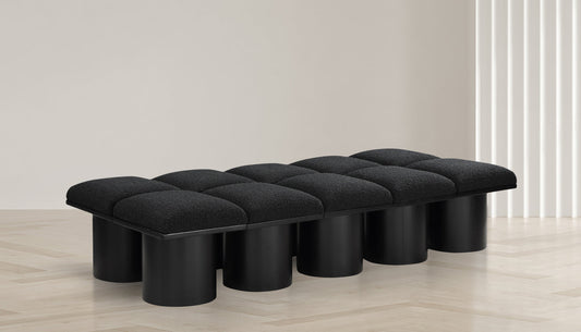 Pavilion Black Boucle Fabric Bench - Stylish Art Deco Seating with Luxurious Cushion and Oak Base