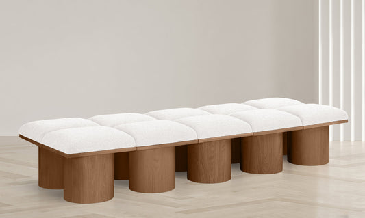 Pavilion Cream Boucle Fabric Bench - Luxurious Art Deco Seating with Oak Veneer and Cushion Comfort