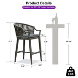 PURPLE LEAF Patio Bar Stools Set of 2 Outdoor Wicker Modern High Bar Chairs Metal Cushioned Barstools with Backs and Ergonomic Armrest