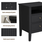 Black Fluted Nightstand with 2 Drawers, Modern Sofa Table