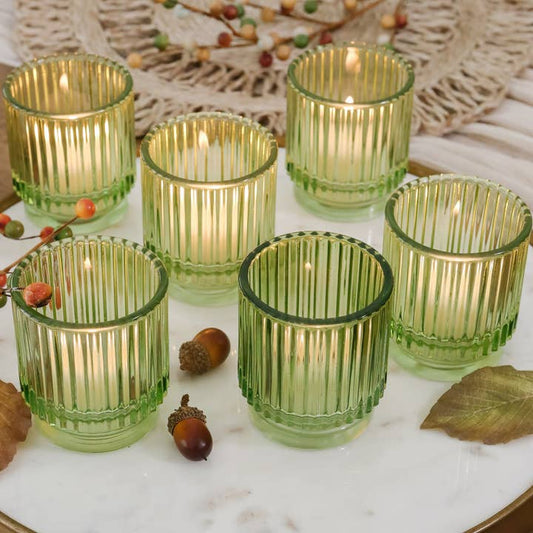 Ribbed Green Glass Votive Candle Holder Set of 6