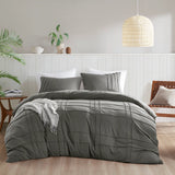 Grid Pattern Soft Washed Pleated Duvet Cover Set, Grey