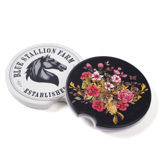 Black Floral Bouquet Ceramic Car Coasters Set of 2