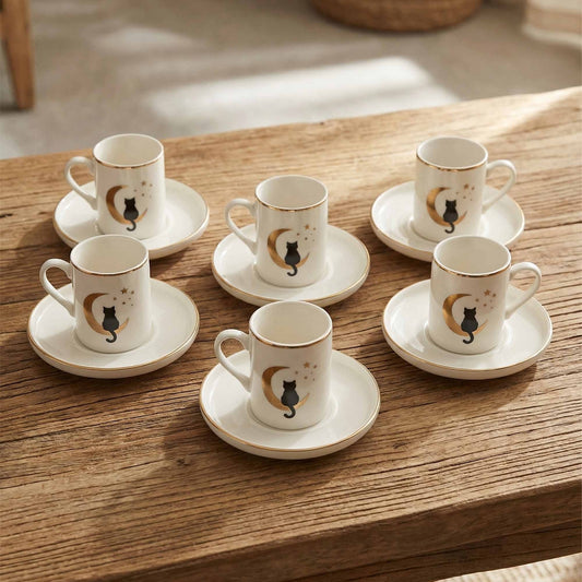 Moon Cat Gold Rim Porcelain Espresso Cup Set