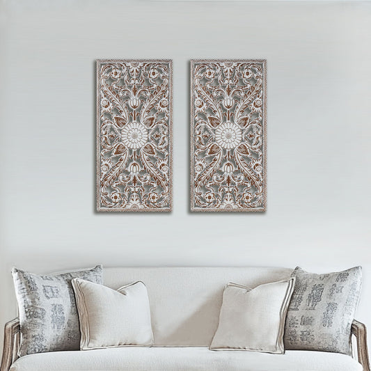 2-Piece Distressed Carved Wood Wall Set, Antique Brown