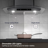 CIARRA 30 inch Glass Wall Mount Range Hood, 650 CFM 3-Speed Extraction, Wave & Touch Control Kitchen Hood CAS75502-N-OW