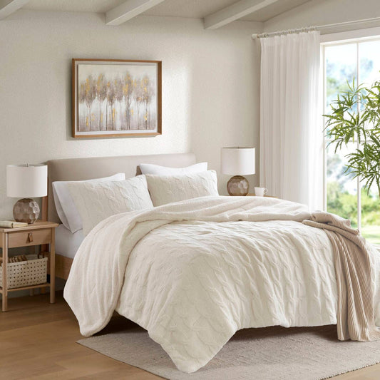 Cable Knit Chenille in Sherpa Reverse Comforter Set, Ivory