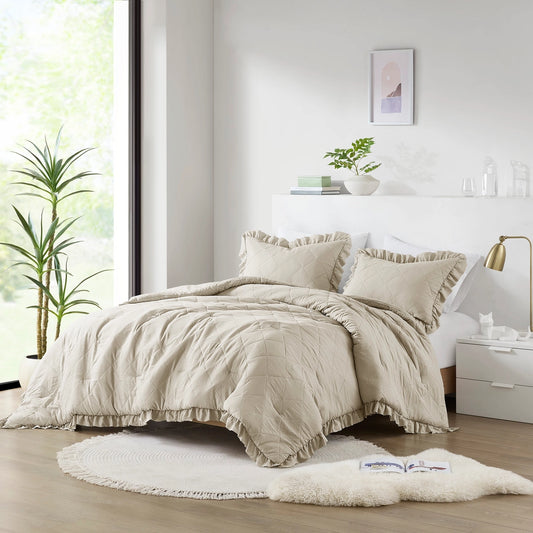 Diamond Quilted Ruffle Edge Comforter Set, Neutral