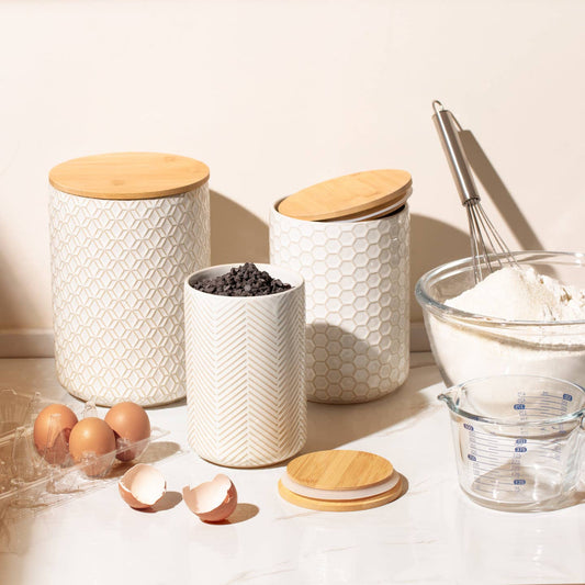 Embossed Ceramic Storage Jars Set of 3 – Ivory