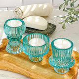 Vintage Blue Ribbed Glass Candle Holders Set of 6