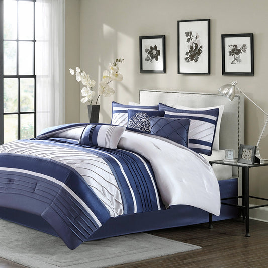 Silky Pintucked 7-Piece Comforter Set, Navy Blue