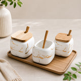 Marble Ceramic Spice Jar Set with Wooden Tray
