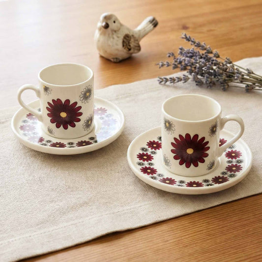 Red Daisy Floral Porcelain Espresso Cup & Saucer Set