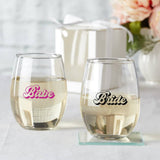 15 oz. Stemless Wine Glass - Retro Bride & Babe (Set of 4)