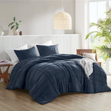 Grid Soft Washed Pinch Pleated Comforter Set, Navy
