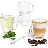 4 Double Wall Glass Coffee Mugs with 2 Spoons