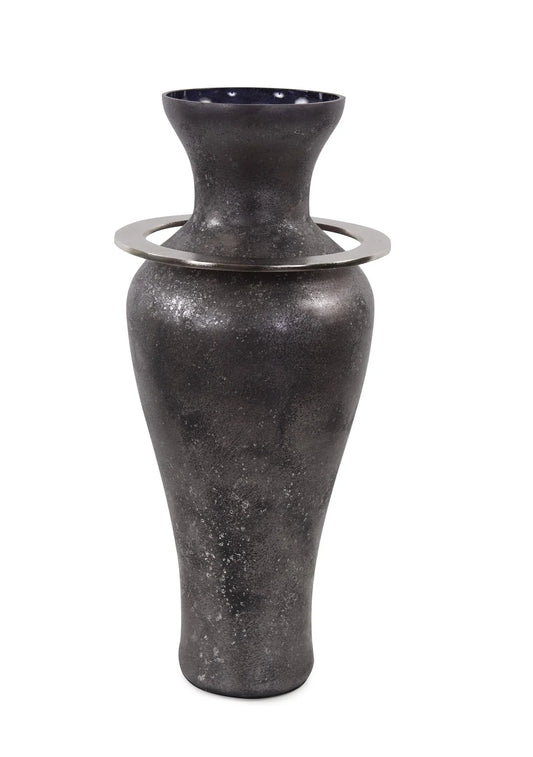 Black Ore Glass Vase with metal accent- Medium