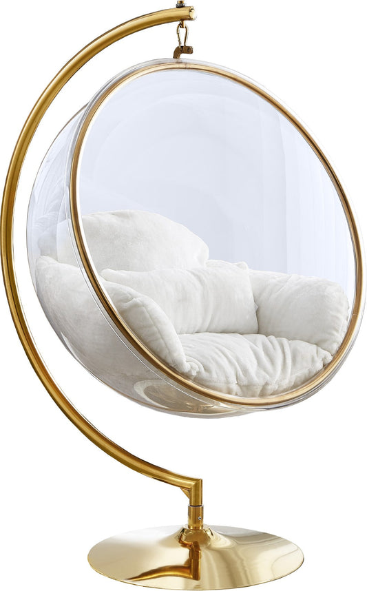 Luna Acrylic Swing Chair with Faux Fur Cushion, Gold Base - Modern Bubble Accent for Comfort