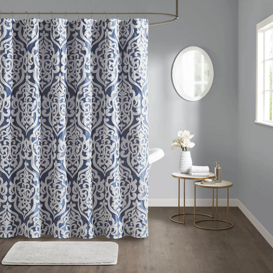 Silver Damask Medallion Jacquard Shower Curtain, Navy