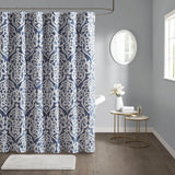 Silver Damask Medallion Jacquard Shower Curtain, Navy