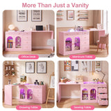 Rotatable L-Shaped Vanity Desk with Led Light, Double Arched