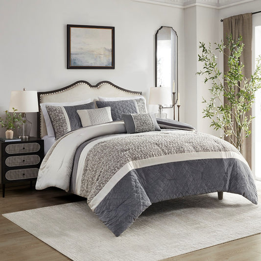 5 Piece Textured Jacquard Stripe Comforter Set, Grey