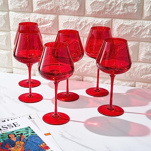 Colored Crystal Wine Glass Set of 6 - Large 20 oz Glasses (Bright Red)