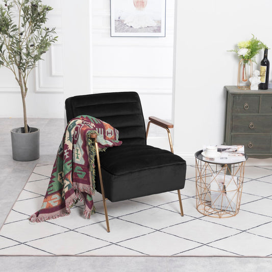 Woodford Modern Accent Chair with Channel Tufted Design, Wood Arms & Gold Legs for Stylish Living Spaces