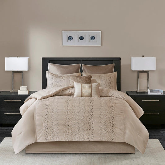 Faux Silk Rainy Pieced 8-Piece Comforter Set, Natural