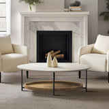 2-Tier Oval Coffee Table with Storage Shelf, White/Natural