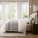 Refined Embroidered Linen Blend Duvet Cover Set, White/Gray