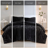 3 Piece Ultra Soft Faux Fur Ribbed Comforter Set, Black