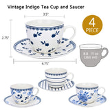 Vintage Indigo Porcelain Tea Cup & Saucer Set of 4