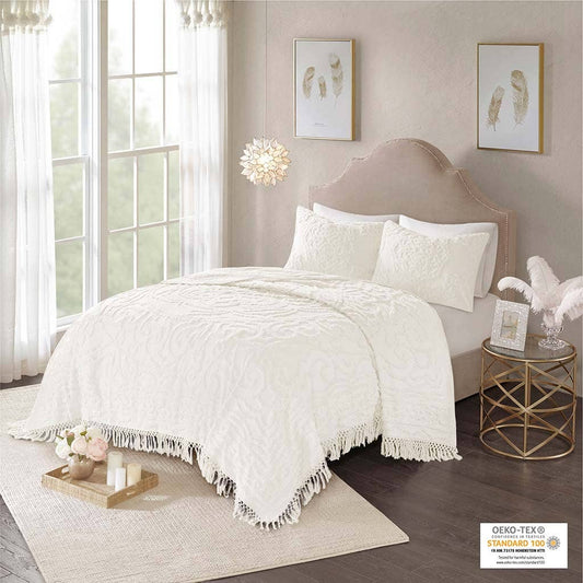 Tufted Cotton Chenille Medallion Coverlet Mini Set, Ivory