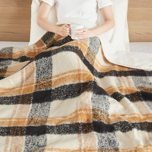 Plaid Faux Mohair Sherpa Throw Blanket 50x60", Tan