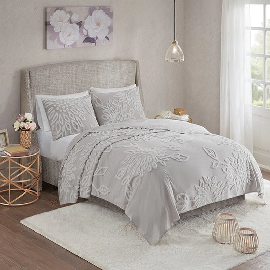 3-Piece Comforter, or Duvet Cover Set Grey Floral