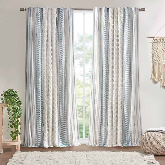 Cotton Printed Curtain Panel 50x108", White/Navy