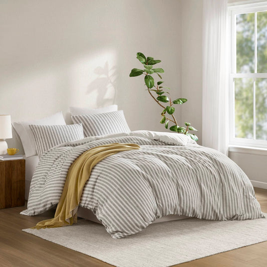 3 Piece Yarn-Dyed Stripes All-Seasons Duvet Set, Grey