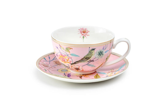 Spring Flowers Bird Pink Porcelain Latte Cup and Saucer Set