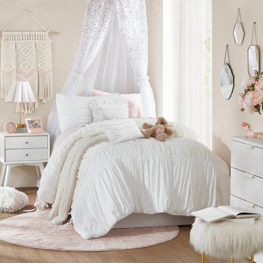 Shabby Chic Ruched Microfiber Comforter Set, White