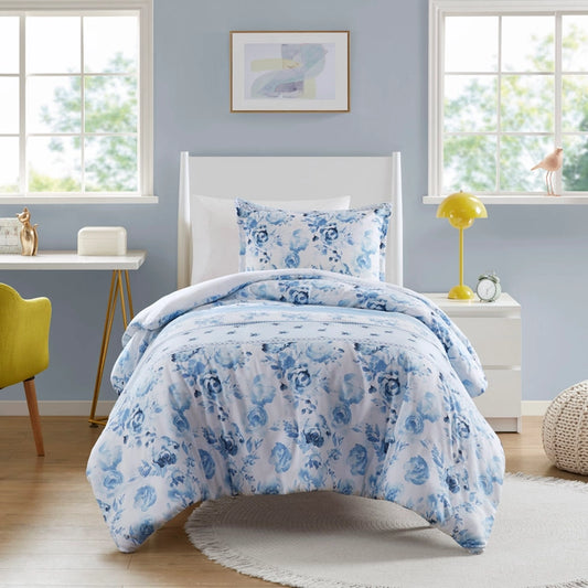 Dreamy Vintage Floral Striped Duvet Cover Set, Blue
