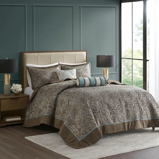 5 Piece Jacquard Bedspread Set and Throw Pillows, Blue/Brown