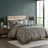 5 Piece Jacquard Bedspread Set and Throw Pillows, Blue/Brown