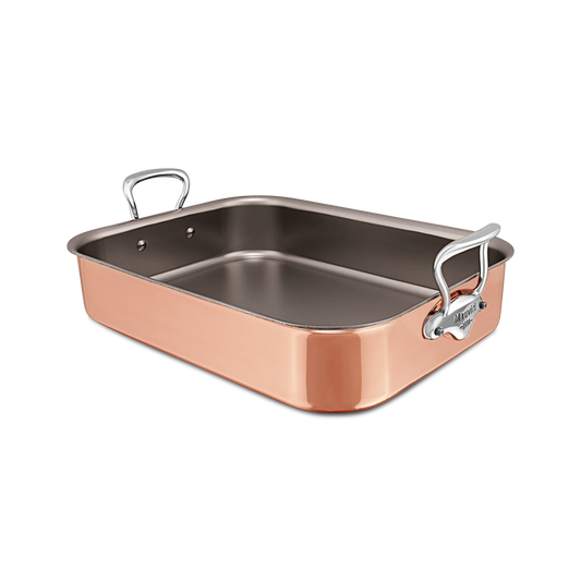 Mauviel Copper Roasting Pan With Rack, Cast Stainless Steel Handles, 13.7 x 9.8-in