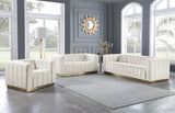 Marlon Velvet Loveseat - Chic Channel Tufted Seating with Gold Stainless Steel Base for Modern Homes